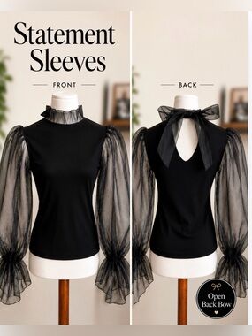 Tiny Willow Black Ribbed Organza Puff Sleeve Mock Neck Top | M